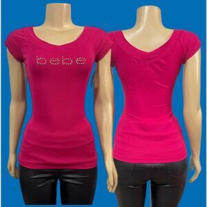 Bebe Double V neck Ribbed Rhinestone Embellished bebe logo top Pink Large